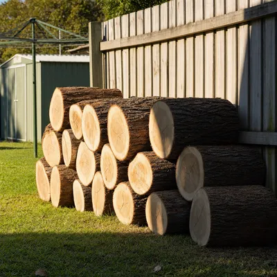 Firewood rounds stacked along the fence, Canberra